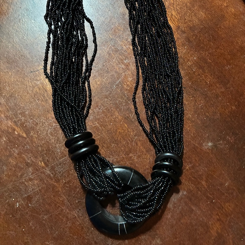 Elegant Vintage Multi-Strand Black Beaded Necklace w/Large Black Pendant